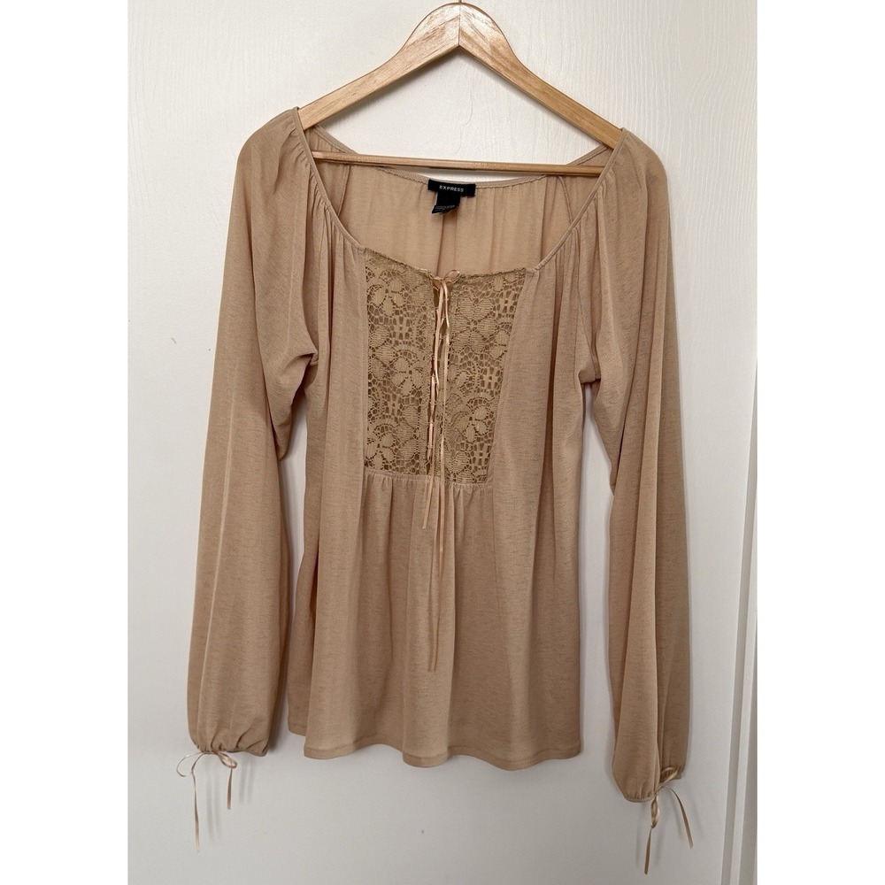 Vintage Y2K Express Lace Up Peasant Blouse Large Made USA Romantic Boho